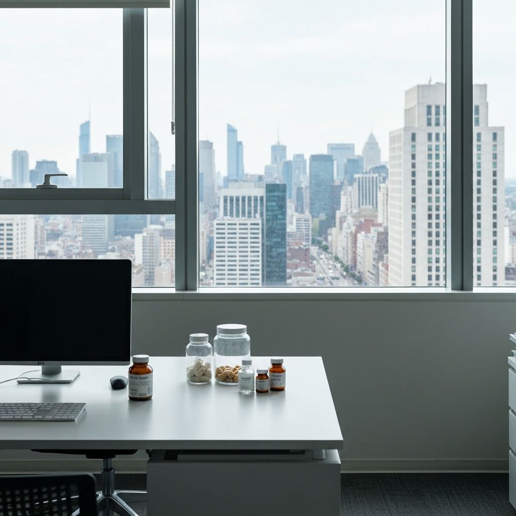 Moderner Büro-Arbeitsplatz mit Nahrungsergänzungsbehältern und Stadtpanorama
